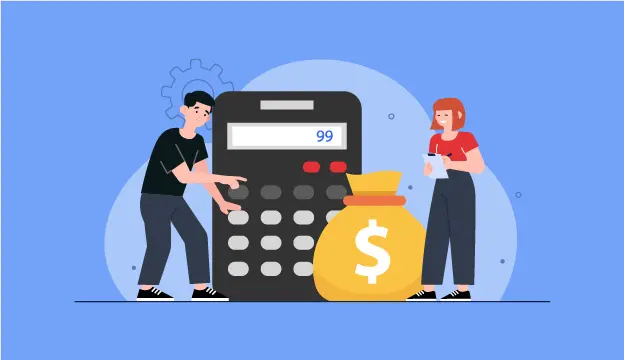 2 Personas frente a una gran calculadora y una bolsa de dinero tratando de hacer un cálculo 2 Personas frente a una gran calculadora y una bolsa de dinero tratando de hacer un cálculo