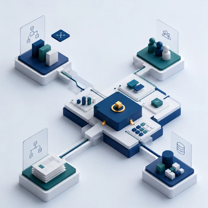 Mapa conceptual de procesos, datos y decisiones empresariales conectados con Odoo