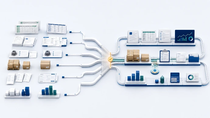 Archivos y sistemas aislados que convergen en un proceso empresarial conectado