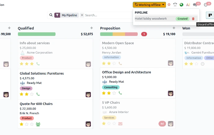 Vista de trabajo sin conexión en Odoo 20