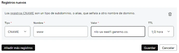 Configuración de un registro CNAME para un servidor Odoo administrado por Tiam-V