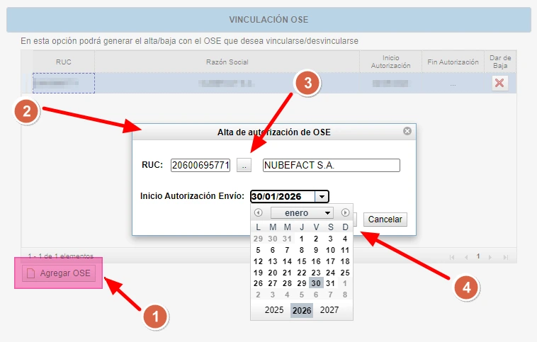 Registro y selección del OSE NubeFact en SUNAT SOL